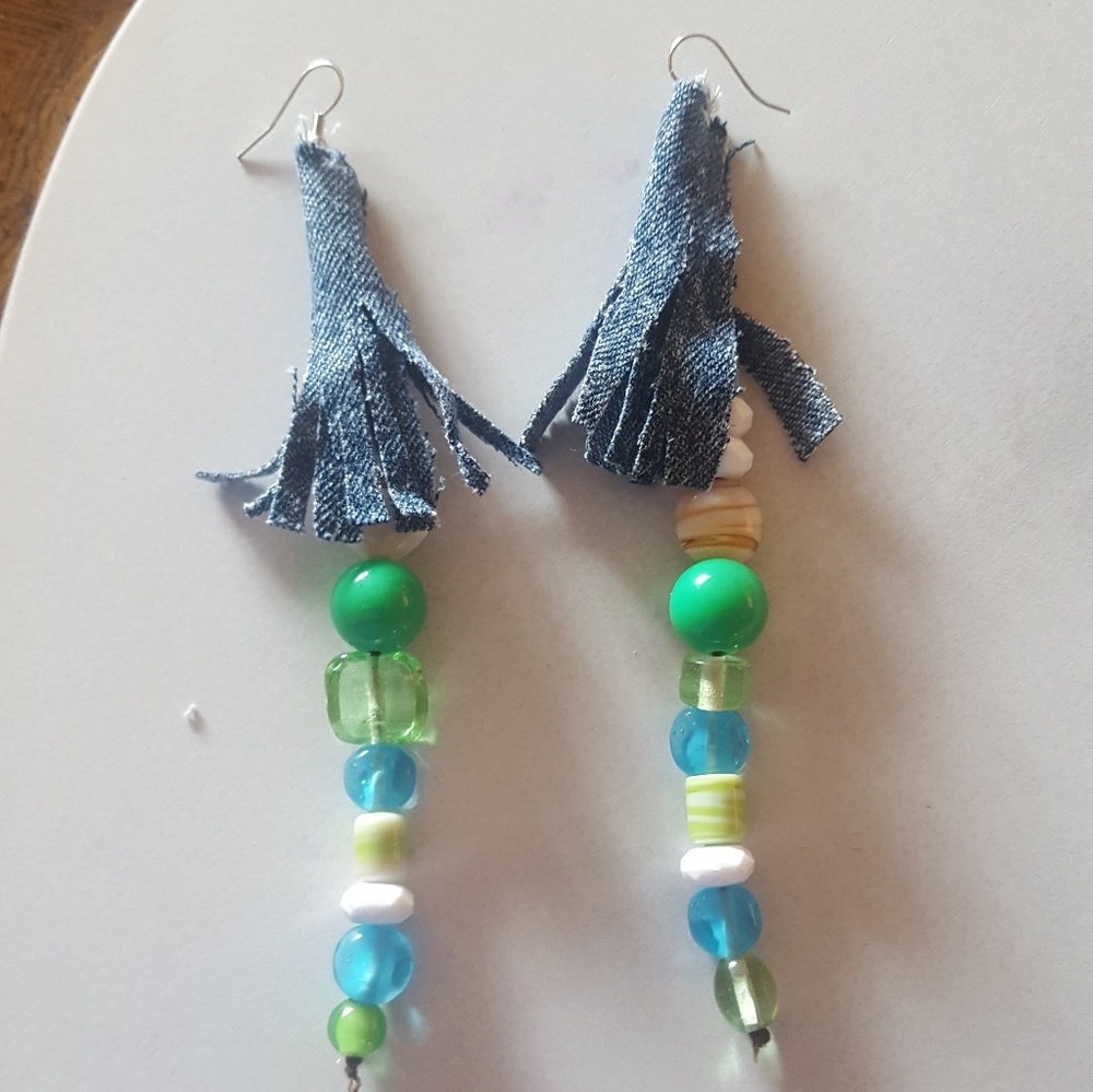 Denim and beading custom made earrings beautiful